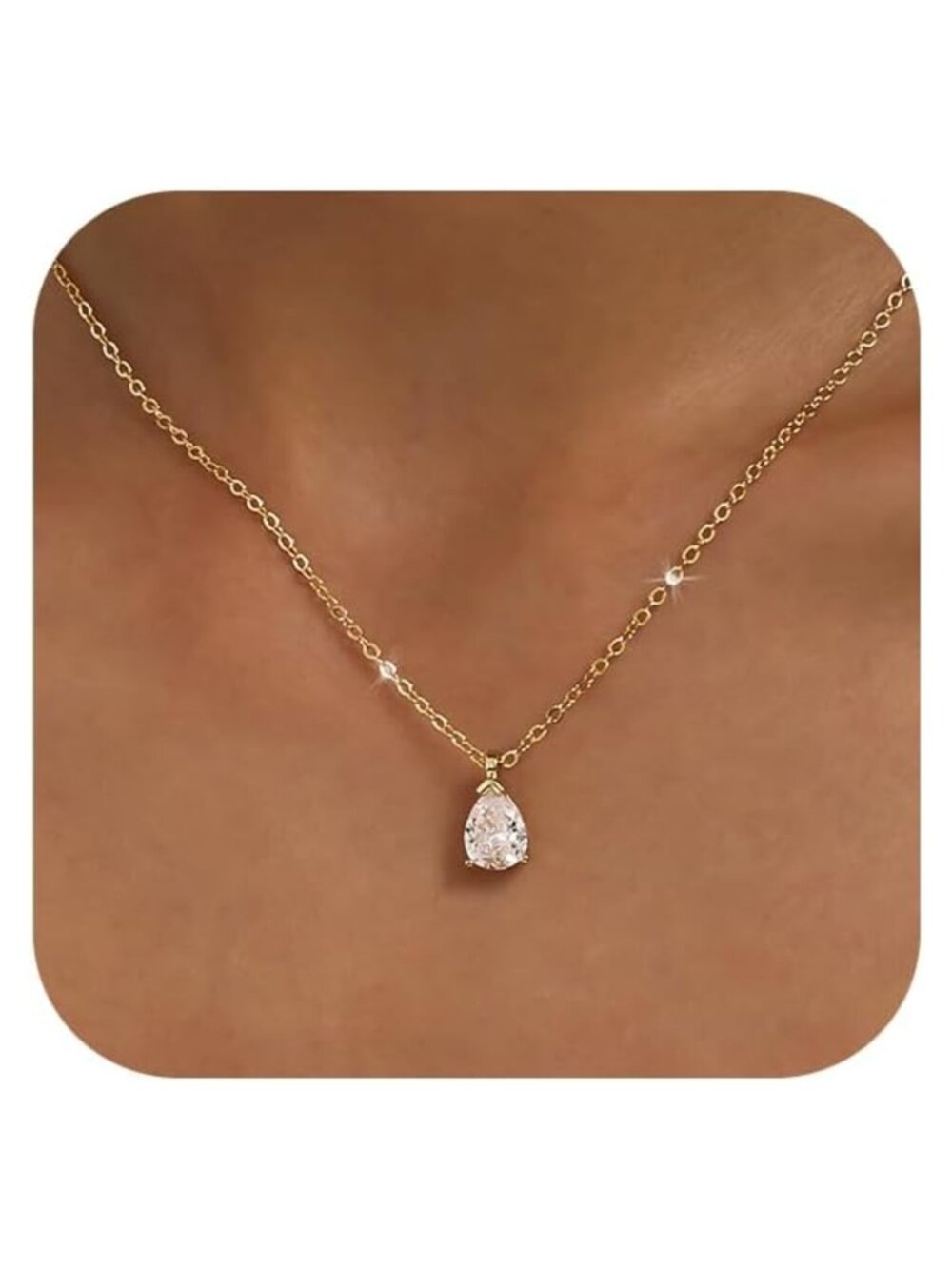 14k Gold Plated Brass Teardrop Pendant Necklace with Cubic Zirconia